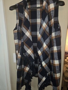 Plaid Fringe Open Front Vest - Navy, Brown & Cream